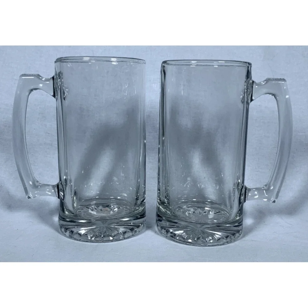 Pair of 2 NEW Heavy Glass Beer Steins Sports Mugs Handles 26.5 oz